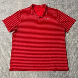 Nike‎ Dri-Fit Essential Golf Polo Shirt Red/Black Striped Mens XL Performance